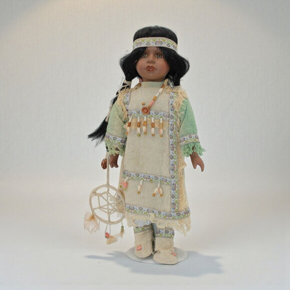 Native American-Inspired Porcelain Doll W/ Beaded Accessories Dreamcatcher & Bra - Picture 2 of 13